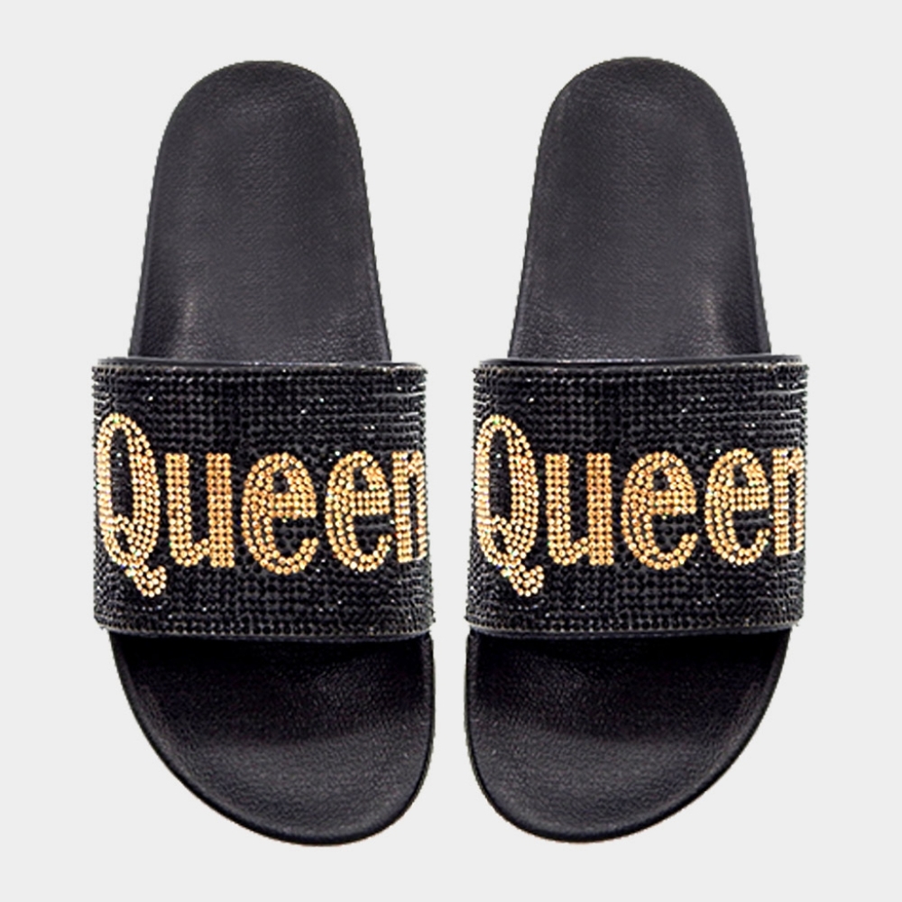 Gold Black QUEEN Crystal Slides Slippers Sandals Fashion Statement Accessories - Picture 1 of 3